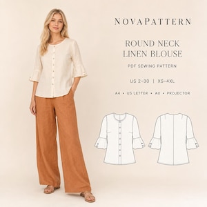 May include: A cream-colored round neck linen blouse with three-quarter length bell sleeves and a front button placket, paired with wide-leg rust-colored trousers. Text reads: NOVAPATTERN ROUND NECK LINEN BLOUSE PDF SEWING PATTERN US 2-30 XS-4XL.