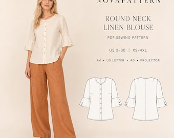 Linen Blouse Sewing Pattern | Circle Neck Button Top (Digital Download)