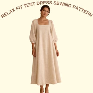 Relax Fit Tent Dress Sewing Pattern, Linen Maxi Dress PDF, Square Neck Boho Dress, Puff Sleeve Easy Pattern, A4 A0 US Letter-Size US 2 to 30