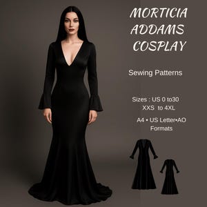 May include: A black, floor-length dress with a deep V-neck and flared sleeves, designed for Morticia Addams cosplay. The image includes the text "MORTICIA ADDAMS COSPLAY" and sewing pattern details, including sizes.