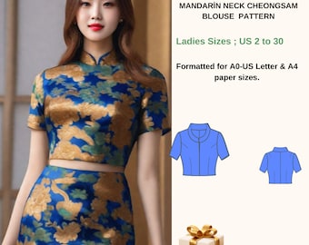 Cheongsam blouse,mandarin neck crop pattern,Ladies Size ( US2 to 30 )-EU(XS to 4XL)-(Our collection includes plus size options)