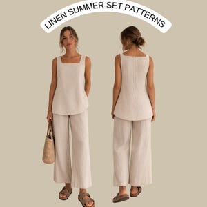 Peut inclure: Un ensemble d'été en lin beige, comprenant un débardeur à col carré et un pantalon large. L'ensemble est présenté sur un modèle, montrant les vues avant et arrière. Le texte "LINEN SUMMER SET PATTERNS" est arqué au-dessus.