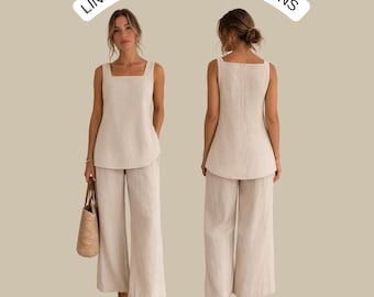 Linen Tunic and Linen Pants Sewing Patterns Set, Linen Tunic Top Pattern, Square Neck Tunic, Pull On Pants Set Pattern, A0 A4 US Letter