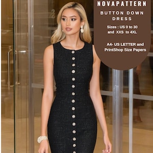 Może przedstawiać: Czarna, dopasowana sukienka z guzikami. Sukienka ma fakturowaną tkaninę i rząd guzików z przodu. Sukienka jest pokazana na modelce przed szklanymi drzwiami. Tekst "NOVAPATTERN BUTTON DOWN DRESS Sizes: US 0 to 30 and XXS to 4XL A4- US LETTER and PrintShop Size Papers" jest widoczny na zdjęciu.
