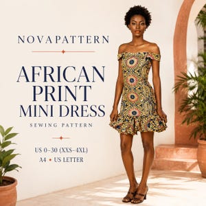 Puede incluir: Un vestido corto de hombros descubiertos con un estampado africano vibrante de patrones circulares en amarillo, azul y rojo. El vestido tiene un corpiño ajustado y un dobladillo con volantes. El texto dice NOVAPATTERN AFRICAN PRINT MINI DRESS SEWING PATTERN US 0-30 (XXS-4XL) A4 US LETTER.