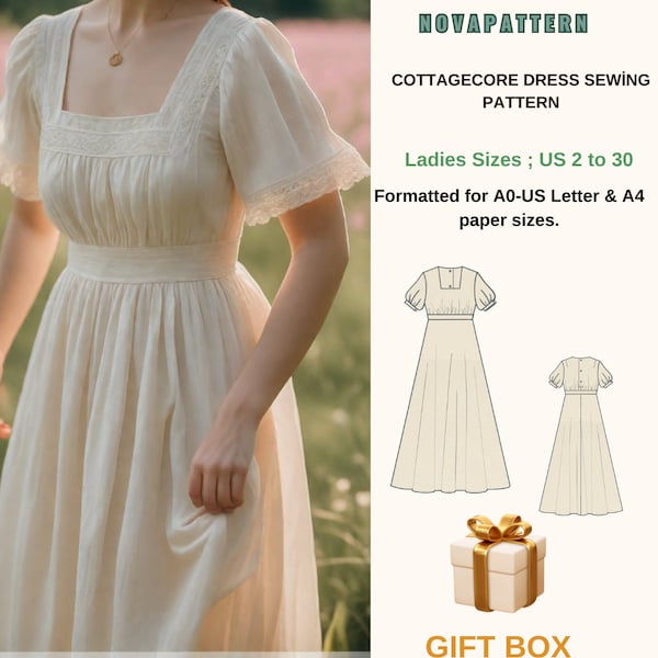 Fairy Cottagecore Dress Pattern,Renaissance,Regency,Maxi Dress, A0-A4-Letter Sizes; US 2 to 30 (Our collection includes plus size options )