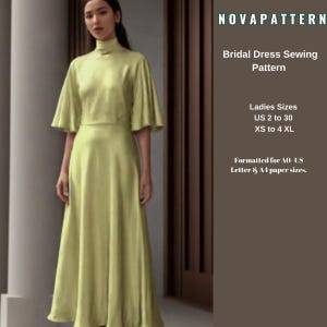 Patrón de costura de vestido largo para invitados de boda, variedad de opciones de tamaño de EE. UU. 2 a 30 y XS a 4XL, adecuado para formato de papel A0- A4-US Letter