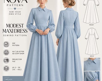 Modest Maxi Dress Sewing Pattern | Elegant Long Sleeve Gown (PDF Download)