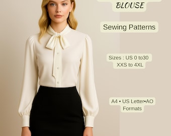 Tie Neck Blouse Sewing Pattern | Long Sleeve Office Shirt | Elegant Bow Collar Top | Professional Workwear | PDF Sewing Pattern