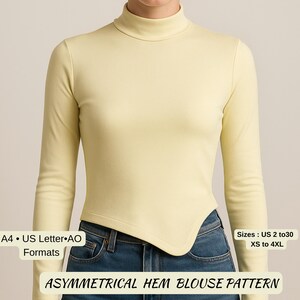 Patron de couture pour chemisier asymétrique | Haut en tricot à manches longues PDF | Motif de chemise minimaliste moderne | Chemisier en jersey pour femme | Couture DIY