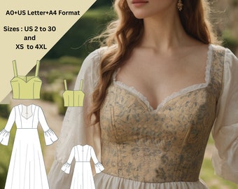 Renaissance Dress and Corset Top Sewing Pattern | Medieval Bustier Gown | Historical Cottagecore Outfit | PDF Sewing Pattern for Women