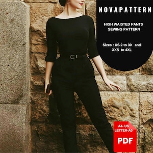 Peut inclure: Un patron de couture pour un pantalon taille haute. Le patron est disponible dans les tailles US 2 à 30 et XXS à 4XL. Le patron est disponible en format A4, US Letter et A0. Le patron est au format PDF.