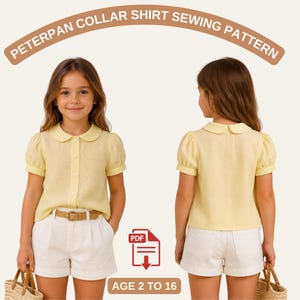 May include: A young person modelling a yellow Peter Pan collar shirt and white shorts. The image shows the front and back of the shirt. The text on the image says "PETERPAN COLLAR SHIRT SEWING PATTERN" and "AGE 2 TO 16".
