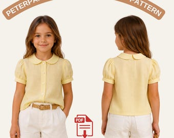 Kids Peter Pan Collar Blouse Sewing Pattern, Puff Sleeve Button Up Shirt PDF Pattern, Toddler to Teen Girl Top, Ages 2–16, A4 A0 US Letter