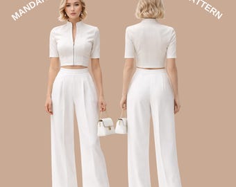 Patrón de costura para top corto con cuello mandarín / Blusa de manga corta con cremallera / Conjunto minimalista moderno / Patrón de costura en PDF para mujer; Tallas de EE. UU. 2 a 30