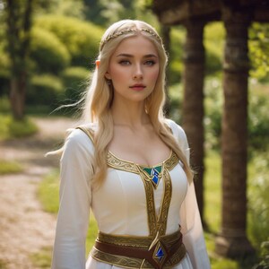 May include: A woman with long blonde hair wearing a white dress with gold and blue embellishments. She is wearing a gold headband and has pointed ears.