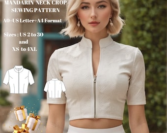 Cheongsam Blouse Sewing Pattern: Mandarin Neck Crop, US Size 2-30 (PDF Pattern)