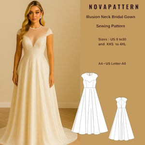 Illusion Neck Brautkleid Schnittmuster: Offener Rücken Maxikleid (A0-A4-US Letter) (Digitaler Download)
