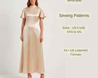 Evening Dress Sewing Pattern | Mock Neck Satin Gown | Elegant Formal or Bridesmaid Dress | PDF Pattern A4 A0 US Letter Sizes