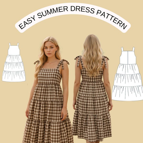Eenvoudig naaipatroon jurk | Gelaagde midi-jurk pdf | Patroon zomerjurk met gingham-ruit | Outfit in Cottagecore-stijl | Geschikt voor beginners