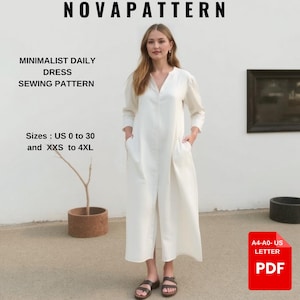 Linen Midi Dress Sewing Pattern: Button Down A-Line (A0-A4-US Letter) (Sizes XS-4XL) (PDF)