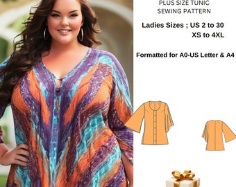 Plus Size Tunic Sewing Pattern -Suitable for A0- A4 -US Letter// Ladies SizesUS 2 to 30