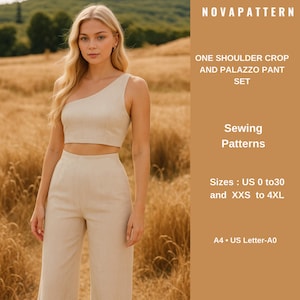 May include: A beige one-shoulder crop top and palazzo pant set. The image includes the text "NOVAPATTERN", "ONE SHOULDER CROP AND PALAZZO PANT SET", "Sewing Patterns", and size information: US 0 to 30 and XXS to 4XL.