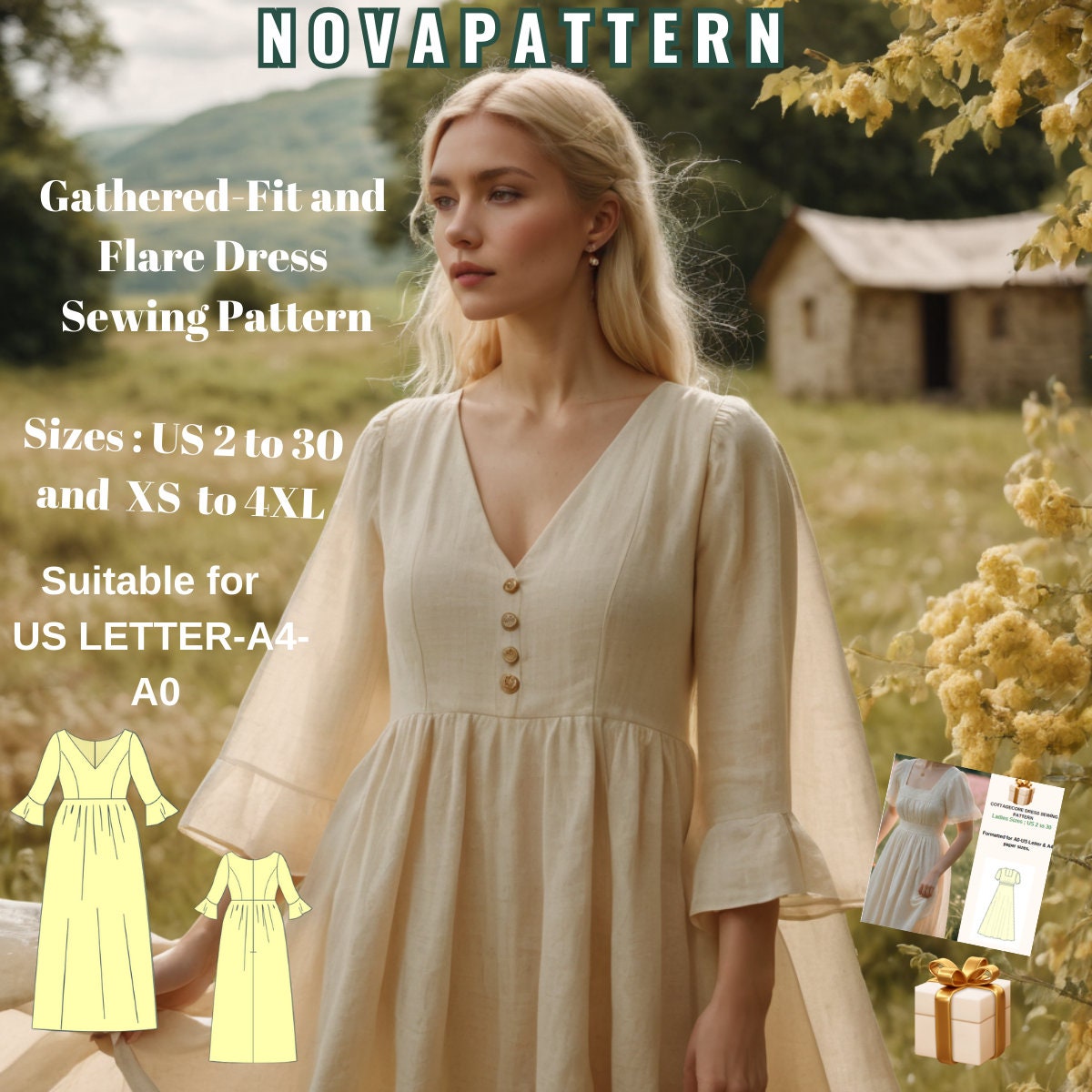 Linen V-Neck Cottagecore Dress Sewing Pattern: Fit and Flare (A0-A4-US Letter) (Digital Download)