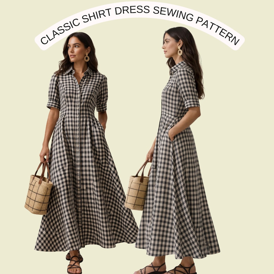 classic-shirt-dress-sewing-pattern-button-down-midi-dress-pdf-pattern