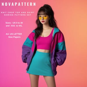 Conjunto de verano de top corto de punto y minifalda en forma de A, patrón adecuado para tallas A4-US Carta// Damas; US 2 a 30 // XS a 4XL