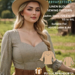 Patrón de blusa Cottagecore, cuello en forma de corazón, top ajustado y con mangas acampanadas, tallas A0-A4-Carta; EE. UU. 2 a 30 (Nuestra colección incluye opciones de tallas grandes)