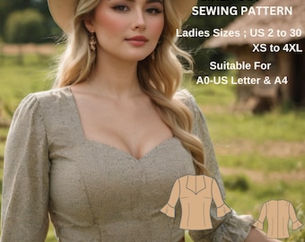 Sweetheart Neckline Blouse Sewing Pattern | Puff Sleeve Linen Top | Romantic Cottagecore Blouse | PDF Pattern A4 A0 US Letter