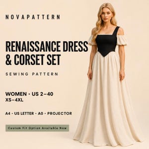 May include: A sewing pattern for a Renaissance dress and corset set by NOVAPATTERN. The garment features a black bodice with a square neckline and off-the-shoulder puff sleeves, paired with a long, flowing cream-colored skirt. Includes US sizes 2-40.