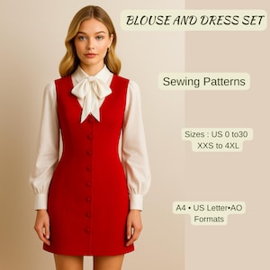 Puede incluir: Una mujer con un vestido rojo sobre una blusa blanca con lazo. La imagen incluye el texto "BLOUSE AND DRESS SET", "Sewing Patterns", e información de tallas de US 0 a 30 y XXS a 4XL. La imagen también menciona los formatos A4, US Letter y AO.