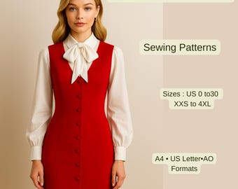 Blouse and Dress Set Sewing Pattern | Vintage Inspired Outfit PDF | Button Front Mini Dress with Bow Blouse | Elegant Office Dress DIY