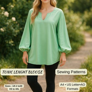 Patron de couture tunique modeste | Chemisier ample ou mini-robe pour femme | Haut à manches longues | Patron PDF A4 A0 Lettre US | Motif Nova
