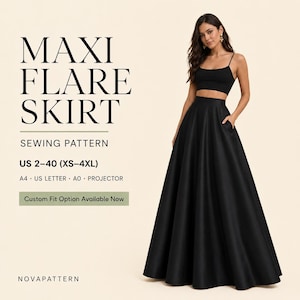 Può includere: Un cartamodello per gonna lunga svasata nera con il testo MAXI FLARE SKIRT SEWING PATTERN US 2-40 (XS-4XL) A4 US LETTER A0 PROJECTOR Custom Fit Option Available Now NOVAPATTERN. La gonna è lunga fino ai piedi con vita alta e tasche laterali.