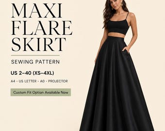 Maxi Flare Skirt Sewing Pattern | High Waist Formal A-Line (PDF Download)