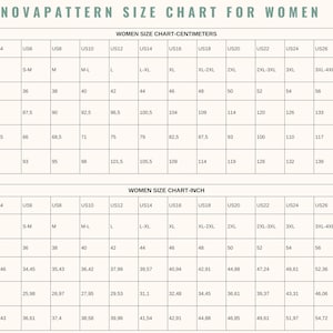 May include: A Novapattern size chart for women featuring two tables with rows for USA, International, and Europe sizes, plus bust, waist, and hip measurements in both centimetres and inches, ranging from US size 2 to 30 with corresponding metrics.