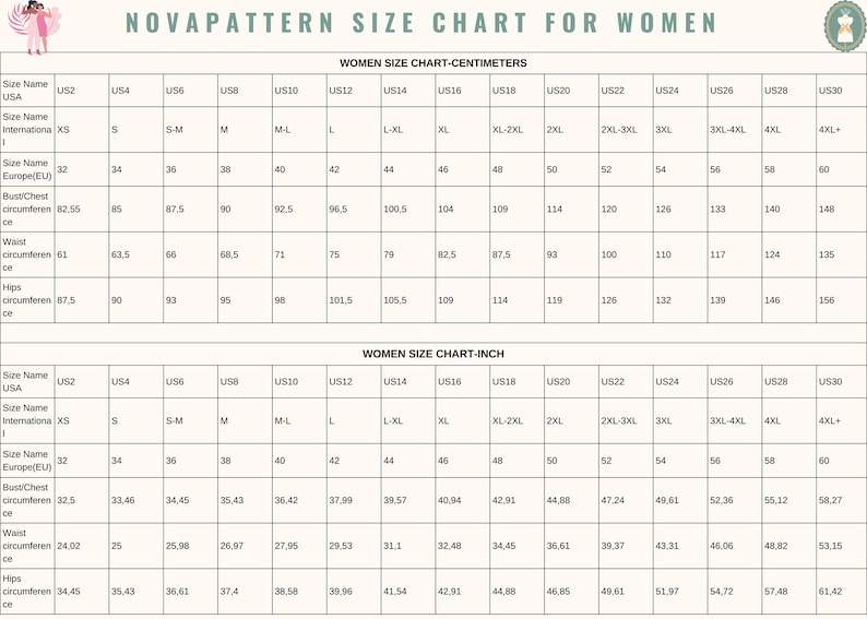 May include: A Novapattern size chart for women featuring two tables with rows for USA, International, and Europe sizes, plus bust, waist, and hip measurements in both centimetres and inches, ranging from US size 2 to 30 with corresponding metrics.