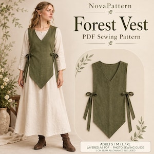Puede incluir: Un patrón de costura en PDF para un chaleco Forest Vest de NovaPattern. El chaleco es verde oliva con cuello en V y lazos laterales. La imagen muestra a una persona usando el chaleco sobre un vestido largo color crema, junto a una vista plana.