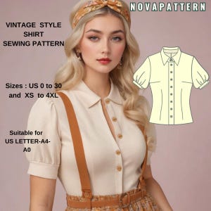 Patrón de blusa y camisa estilo retro vintage, camisa formal de oficina, tallas A0-A4-carta; EE. UU. 0 a 30 (nuestra colección incluye opciones de tallas grandes)