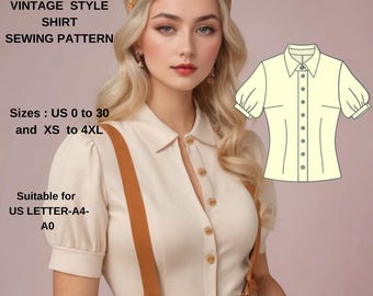Patrón de costura de blusa vintage / Camisa con mangas de obispo abotonadas / Top retro de mujer de los años 50 / Patrón PDF A4 A0 Carta EE. UU. / NovaPattern