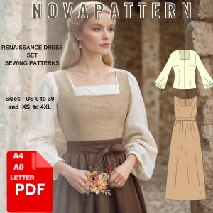 Renaissance Dress Sewing Pattern Set | Historical Peasant Dress + Chemise | Medieval Costume | PDF Pattern XS–4XL US 0–30