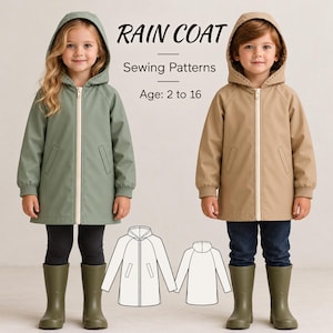 Puede incluir: Un patrón de costura para un impermeable con capucha, cremallera frontal y bolsillos, etiquetado RAIN COAT Sewing Patterns Age: 2 to 16. La imagen muestra un abrigo verde salvia y uno beige, ambos con cremallera blanca.