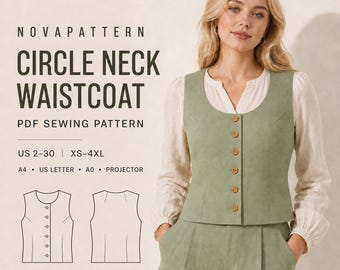 Circle Neck Waistcoat Sewing Pattern | Women’s Fitted Vest PDF | Renaissance Cottagecore Button Front Bodice | Layered PDF Pattern