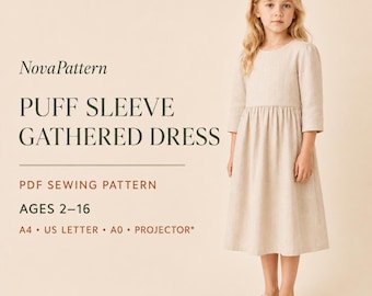 May include: A beige puff sleeve gathered dress shown in a PDF sewing pattern for ages 2-16. The text reads NovaPattern, PUFF SLEEVE GATHERED DRESS, PDF SEWING PATTERN, AGES 2-16, A4, US LETTER, A0, PROJECTOR. The dress has a round neckline and mid-length sleeves.