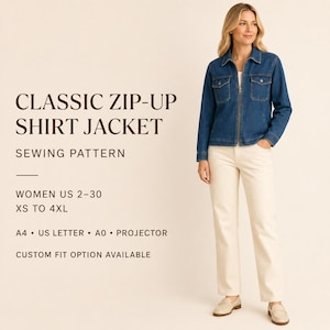 Shacket Sewing Pattern PDF | Classic Zip Up Shirt Jacket | Denim Utility Jacket Pattern | Overshirt PDF | Women US 2-30