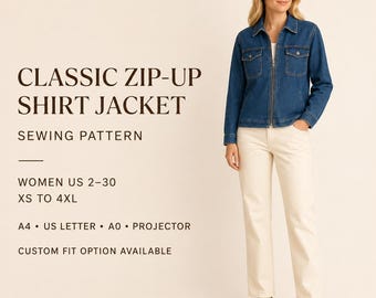 Shacket Sewing Pattern PDF | Classic Zip Up Shirt Jacket | Denim Utility Jacket Pattern | Overshirt PDF | Women US 2-30