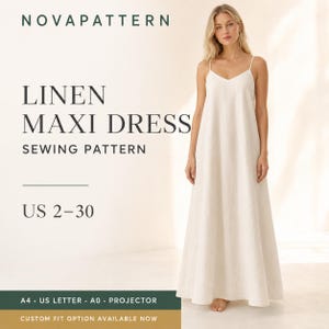 Puede incluir: Un patrón de costura para un vestido largo de lino de NOVAPATTERN. El texto dice LINEN MAXI DRESS SEWING PATTERN, US 2-30, A4, US LETTER, A0, PROJECTOR y CUSTOM FIT OPTION AVAILABLE NOW. Un vestido largo sin mangas de lino color crema.